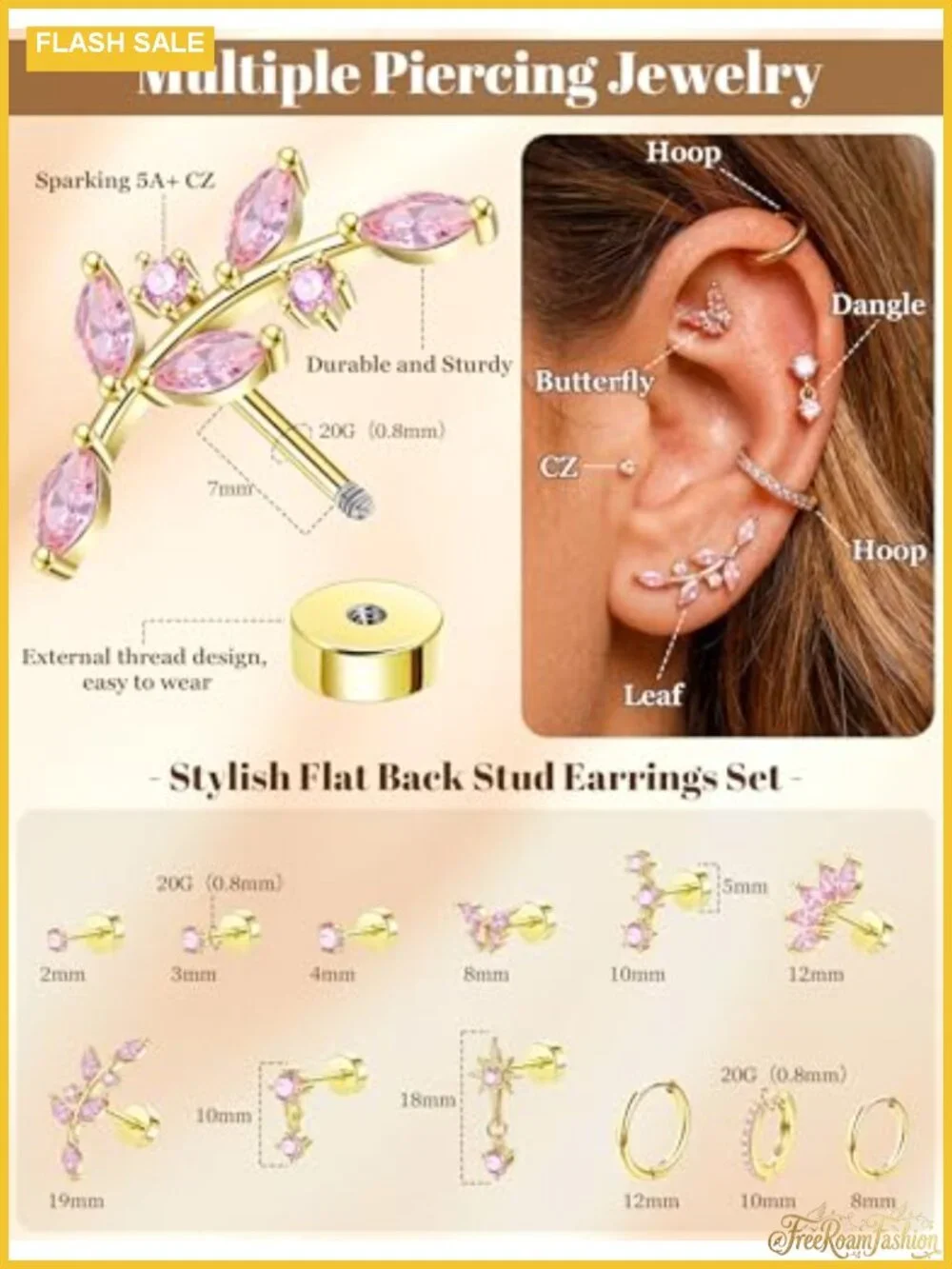 12PCS 20G 14k Gold Cartilage Earring Stacks for Women Flat Back Stud Set